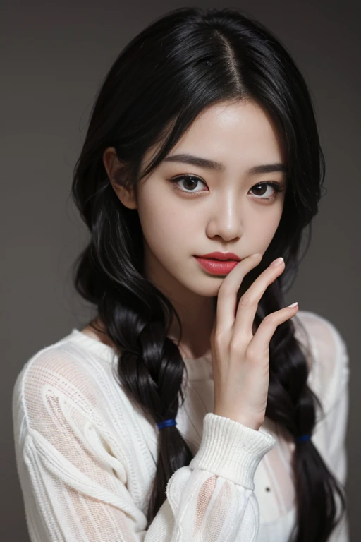 "Masterpieces of photography, Top quality and ultra-detailed appearance. Japan woman looking young, Present sensual nuances, Please wear transparent clothing and wet knitwear, The background may be blurry, however、The main image must be clear and clear. (1 girl), Blue eyes, Long Black Hair, Modern and gentle hairstyle. Close-ups of your skin should emphasize the richness of details. Context optimization、It is necessary to strengthen its characteristics."