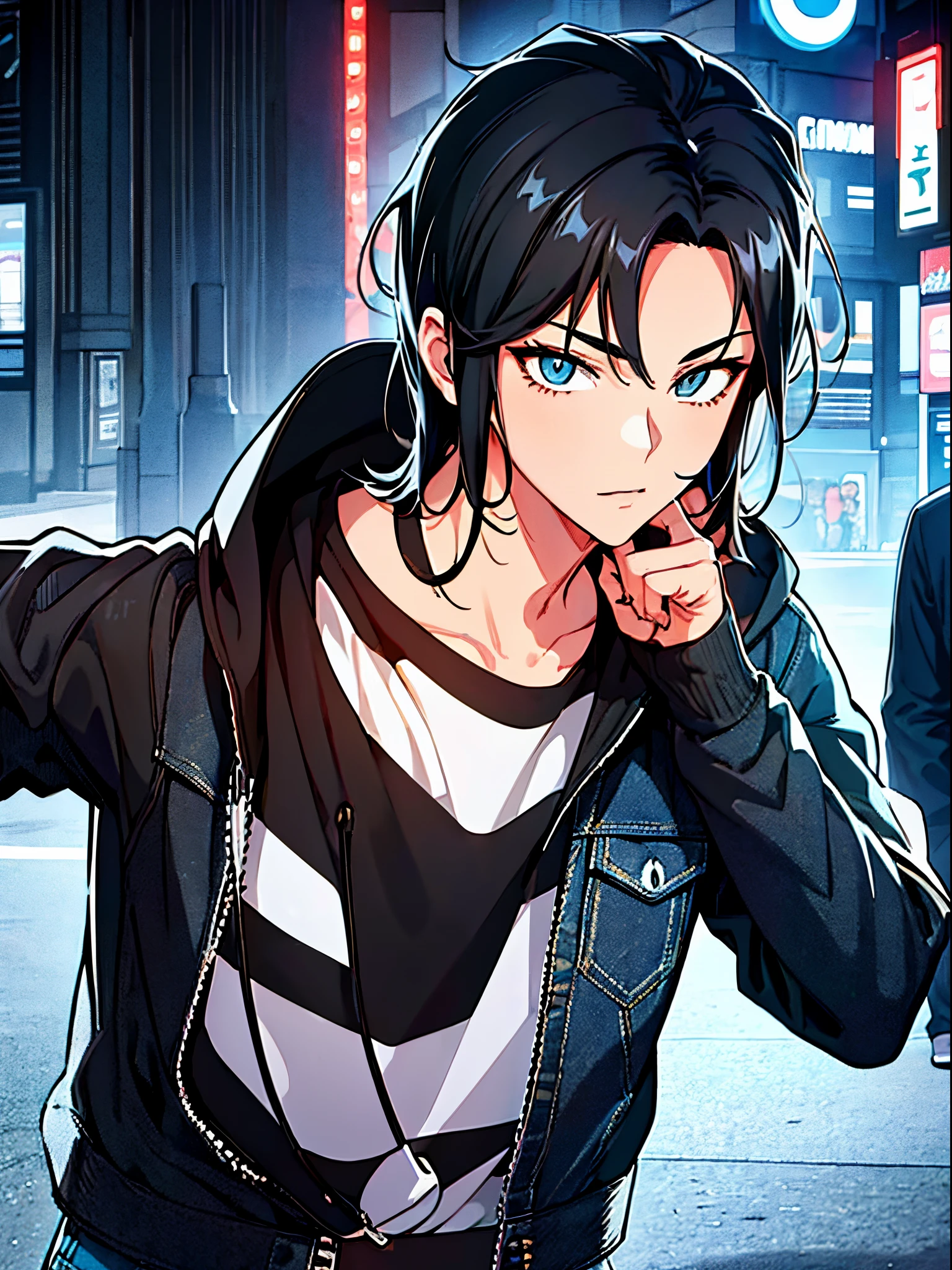 Handsome guy, cat eyes shape, cat eyelids, black hair, wolf cut hairstyle, wearing a denim jacket, background tokyo city, neon city.