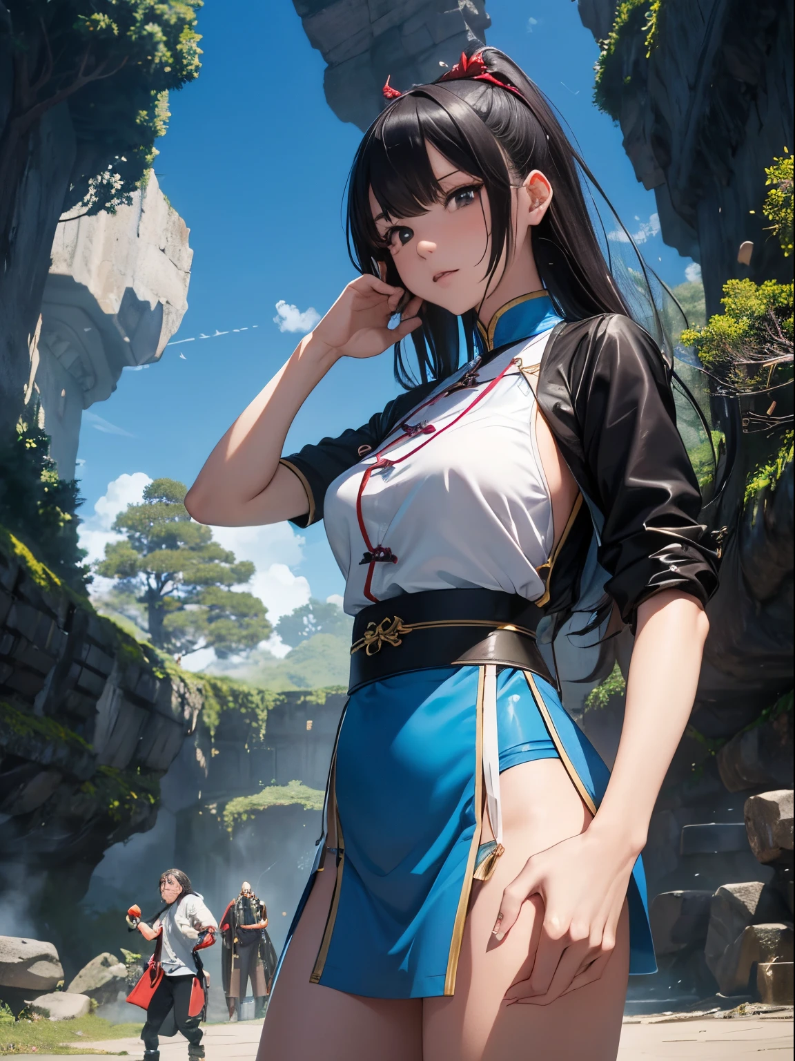 Yodhihide Fujiwara, Takeshi Markawa, Surreal, mysterious, bizarre, fantastical, fantasy, Sci-fi, Japanese anime, kung fu action movie shooting site. Beautiful girl who uses Bajiquan to fight villains in a mini-skirt slit cheongsam. Perfect voluminous body. The big man is blown away by the body slamming. Both the film crew and the director are surprised. Uplifting, detailed masterpiece hand drawings action poses