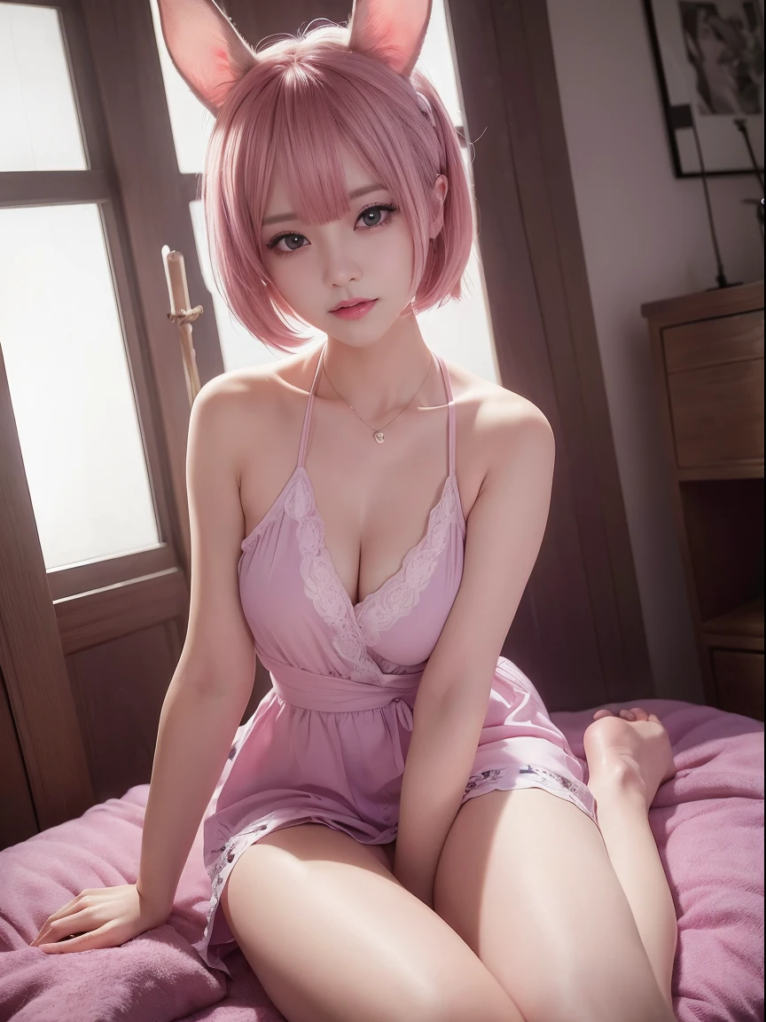 Beverly hills、sitting with one's legs spread、You can see cleavage、overall,lyin in bed、Pink short cut hair、fullnude(8K, top-quality, masterpiece:1.2), (realisitic, Photorealsitic:1.37)、cute little、独奏、(A smile:1.15)、(Laugh with your mouth wide open)、tiny chest、(short-hair:1.2)、masuter piece、Pink Shortcut Bob、Realistic rabbit ears、Pink realistic rabbit ears、Realistic ears of rabbits sticking out of the head、Pink hair、Beautiful girl in her 20s、Bewitching atmosphere、Beautiful shaped hands、K-POP、Pink rabbit ears、1 girl in、独奏、masterpiece、top-quality、realisitic、Hyper-detailing、absurderes、short pink hair、Slender beauties、动态照明、hight resolution、foco nítido、depth of fields、(thick thight:1.0)、A slender :1.2,((Short-cut bob hair))、((k pop:1.3)),Highly detailed facial and skin texture、((魅惑的)),Anatomically correct number of fingers,Correct anatomy