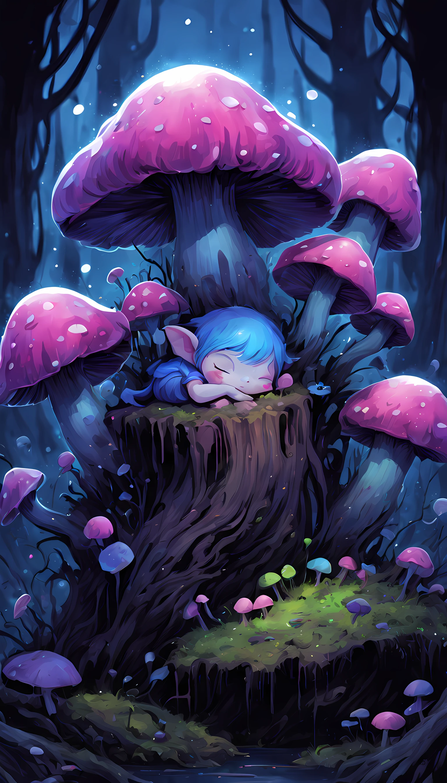 hundred fireflies, bioluminescent mushrooms, glowing mushrooms, (a baby goblin sleeping), foggy, misty, digital illustration, little to no light, darkness, the color palate of dark pink, light purple, navy blue, dark brown, and Bluebonnet, high contrast, mystical, a dead rotten log, night, poison dripping, liquid dripping, slime, vibrant colors, fairy dust, lots of shadows, nightmares, eerie, absolute horror, dark and deep, shadows, extremely detailed, ultra-detailed, 4k, digital illustration, watercolor, Artstation, dynamic lighting, dynamic range