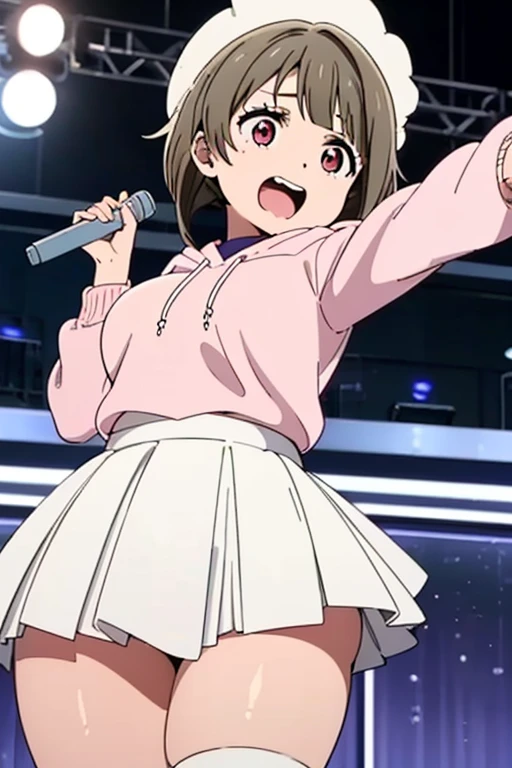 18year old, girl with, Pink hoodie,White miniskirt,pleatedskirt, White underwear,Large breasts,Larger buttocks,Thick thighs, Narrow waist, hair is twin tail, full bodyesbian,portlate,Cheering with a penlight,The background is the live venue