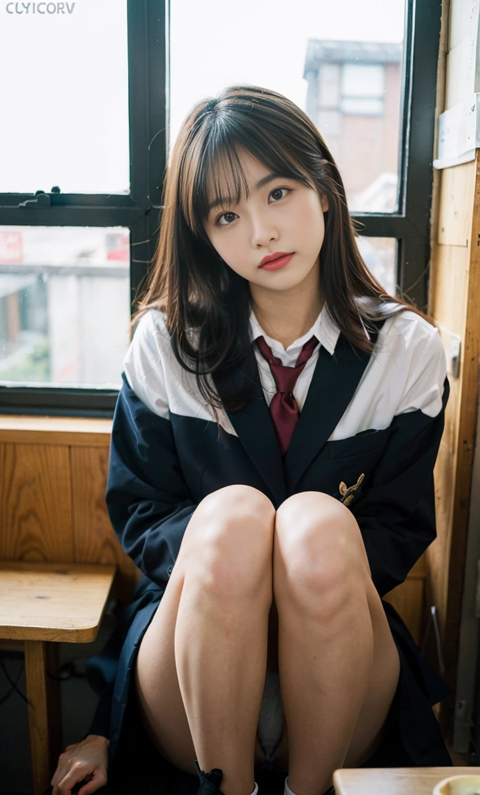 ulzzang -6500-v1.1, (Raw foto:1.2), (Photorealsitic:1.4), a beautiful detailed girl, extremely detailed eye and face, beatiful detailed eyes, Ridiculous, unbelievable Ridiculous, huge filesize, ultra-detailliert, hight resolution, ighly detailed, top-quality, masterpiece, Kemomimi, ((Japanese girls' high school uniform)), illustratio, ighly detailed, nffsw, unification, 8k wallpaper, astonishing, finely detail, masterpiece, top-quality, Highly detailed ticker uniform 8K wallpaper, face lights、Cinematographic lighting、1girl in、sixteen years old、(witheout panties)、((dynamicposes)))、(camel's toe)、(half)、、(Crooked knees and legs sitting))