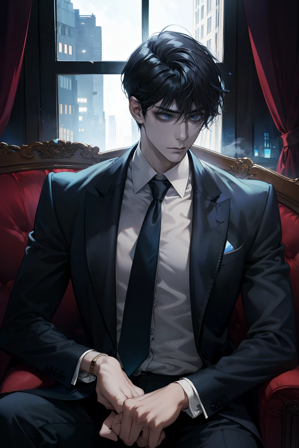 Handsome man is sitting on a plush sofa in a luxurious living room。, Short black hair, bangss，Blue eyes, mansion, Unbuttoning shirt,Suit reveals smooth abs, Thin, Perfect body, holding paper in one hand, wrist watch, Moonlight outside the window, Dark, Villain atmosphere, Cold, Serious, Fantasy, not looking at viewer, Solo, man focus, hair messy, medium large shoot, Sweat, Upper body, Night