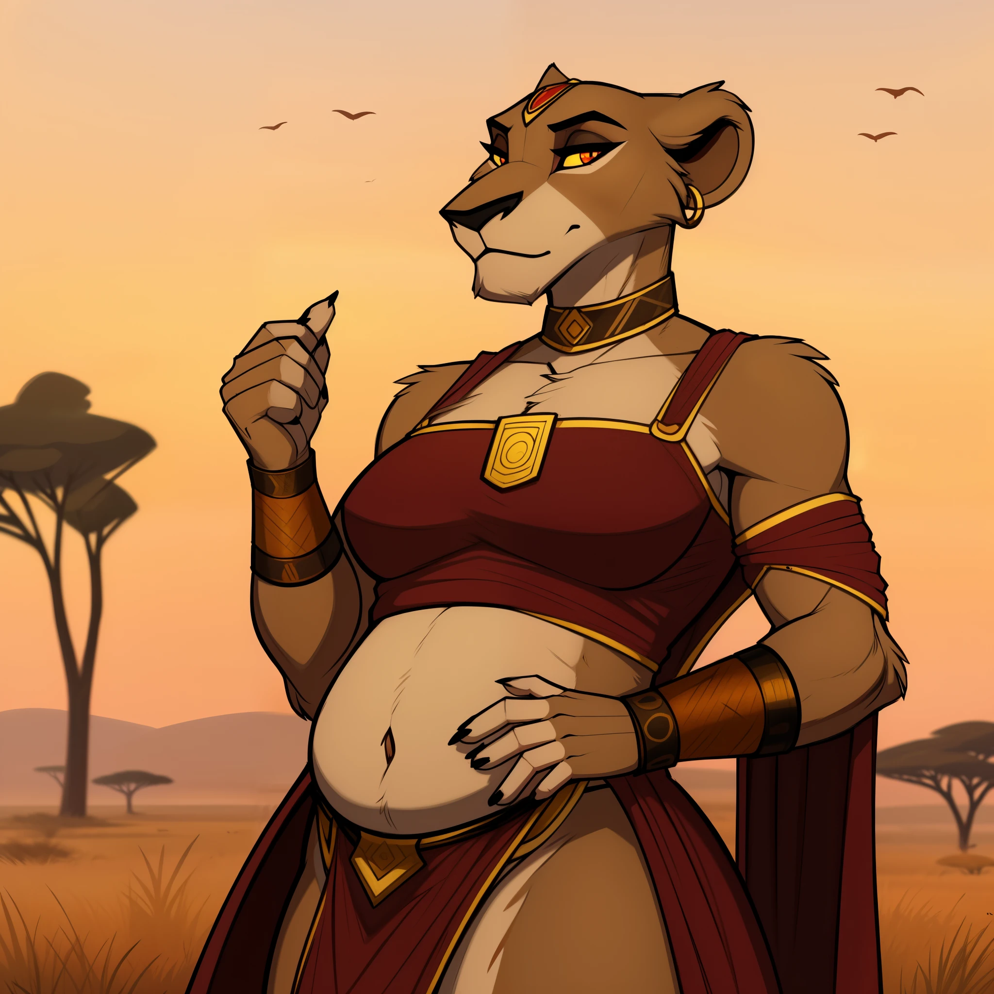 Tall_muscular_mature_lion female scars slight_belly red_irises yellow_sclera hazy_sky savanna solo Masterpiece best_quality absurdres highly_detailed cleanly_drawn_eyes anthro_only by_claweddrip, by_greasymojo, by_underscore-b, by_runawaystride circlet bracers gorget neck_hoops hoop_earrings medieval_gown
