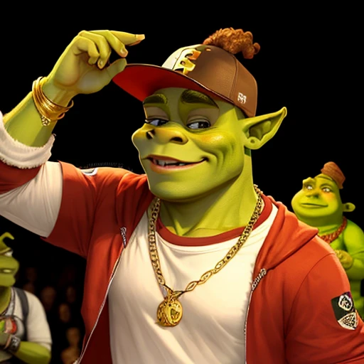 Please make a rapper Shrek with gold chain