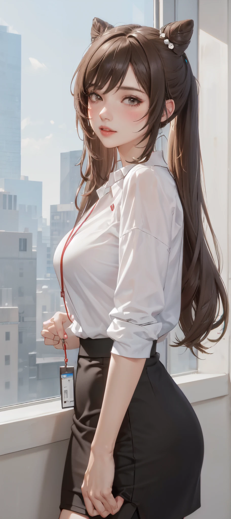 1lady standing, /(casual shirt/) (black pencil skirt:1.1) /(id card lanyard/), mature female, /(brown hair/) bangs, moaning, lips apart, blush, sexy, (masterpiece best quality:1.2) delicate illustration ultra-detailed BREAK /(modern office indoors/), window skyscraper