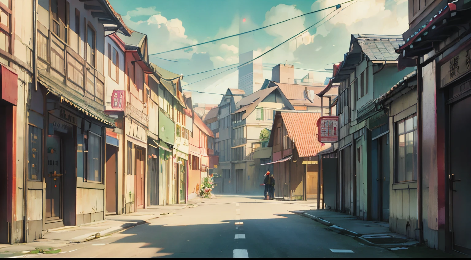 Chinese modern commercial street during daytime,There are shops and green belts on the roadside、flowerbed,There are pedestrians on the road,