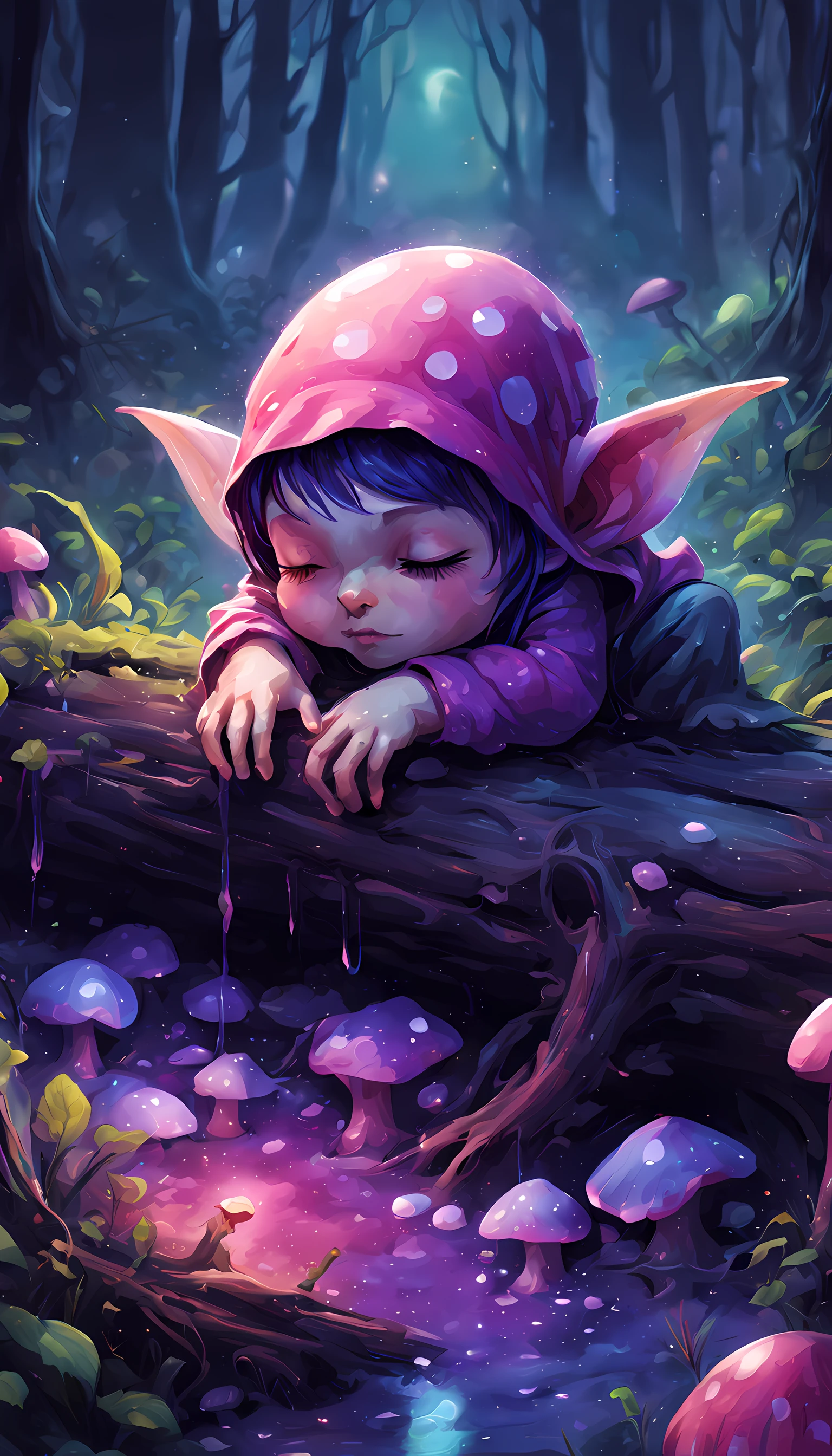 hundred fireflies, bioluminescent mushrooms, glowing mushrooms, (a baby goblin sleeping), foggy, misty, digital illustration, little to no light, darkness, the color palate of dark pink, light purple, navy blue, dark brown, and Bluebonnet, high contrast, mystical, a dead rotten log, night, poison dripping, liquid dripping, slime, vibrant colors, fairy dust, lots of shadows, nightmares, eerie, absolute horror, dark and deep, shadows, extremely detailed, ultra-detailed, 4k, digital illustration, watercolor, Artstation, dynamic lighting, dynamic range