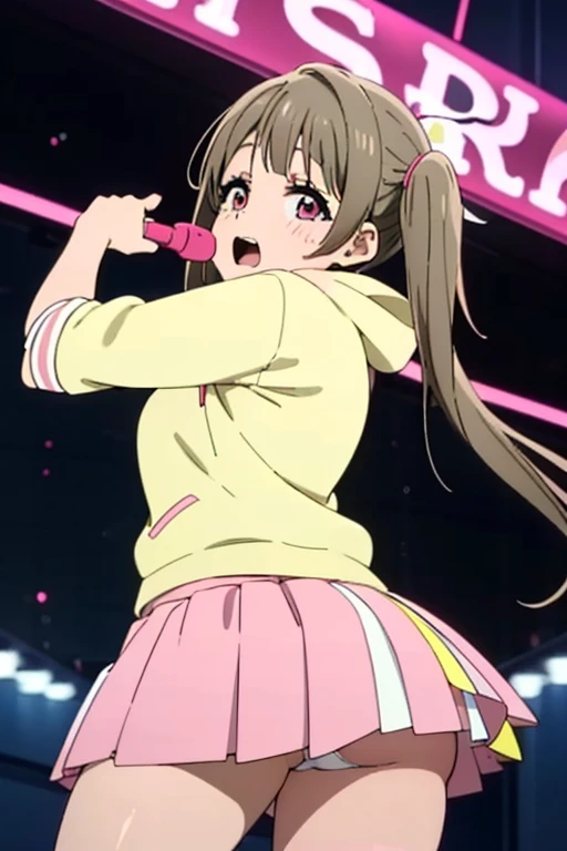 18year old, girl with, Pink hoodie,Pink mini skirt,pleatedskirt, White underwear,slightly larger breasts,slightly larger buttocks,Thick thighs, Narrow waist, Hairstyle is Twintails, full bodyesbian,portlate,Cheering with a penlight,The background is the live venue