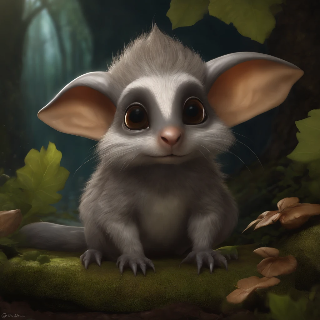 In the cave,Little male goblins, (CBZBB:1.25), ((gremlin),Zhkute, , Beautiful, Fantasy art, deviant art, trending artstation, Digital Art, Detailed, Realistic, humanoid, character, tiny, Cinematic shot, cinematic portrait of a mole ,gremlin, mole-like, bright silver and brown, long tail, large ears, covered with silver fur, water, stands on the shore, Best Quality, Masterpiece, in style of dark fantasy art, gremlin, mole-like, bright silver and brown, long tail, double nose, huge ears, covered with silver fur,tousled, five toes on each paw, holding a huge acorn in his paws, I'm standing in a forest clearing under the foliage of bast., acorns lie in the clearing, acorns glow, Crickets fly, Best Quality, Masterpiece, in style of dark fantasy art, fantasy-inspired, in the style of John Tolkien,