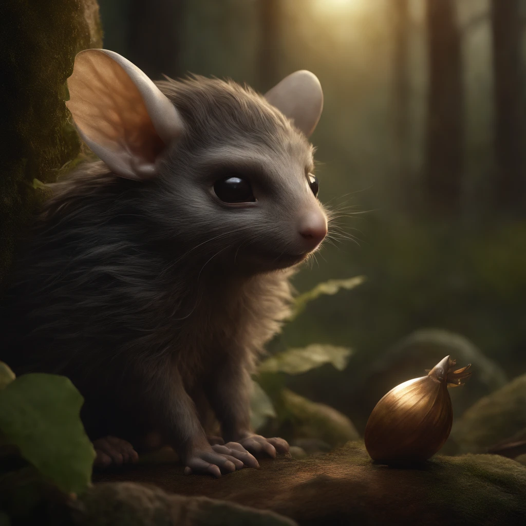 In the cave,Little male goblins, (CBZBB:1.25), ((gremlin),Zhkute, , Beautiful, Fantasy art, deviant art, trending artstation, Digital Art, Detailed, Realistic, humanoid, character, tiny, Cinematic shot, cinematic portrait of a mole ,gremlin, mole-like, bright silver and brown, long tail, large ears, covered with silver fur, water, stands on the shore, Best Quality, Masterpiece, in style of dark fantasy art, gremlin, mole-like, bright silver and brown, long tail, double nose, huge ears, covered with silver fur,tousled, five toes on each paw, holding a huge acorn in his paws, I'm standing in a forest clearing under the foliage of bast., acorns lie in the clearing, acorns glow, Crickets fly, Best Quality, Masterpiece, in style of dark fantasy art, fantasy-inspired, in the style of John Tolkien,