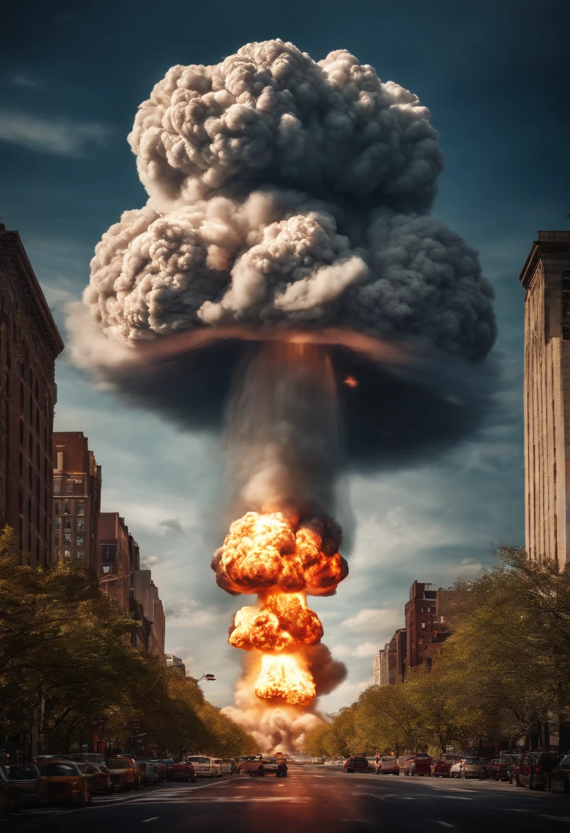 Nuclear bomb explodes destroying entire New York state、Burst wind、glint、huge mushroom cloud、destruction、perish、