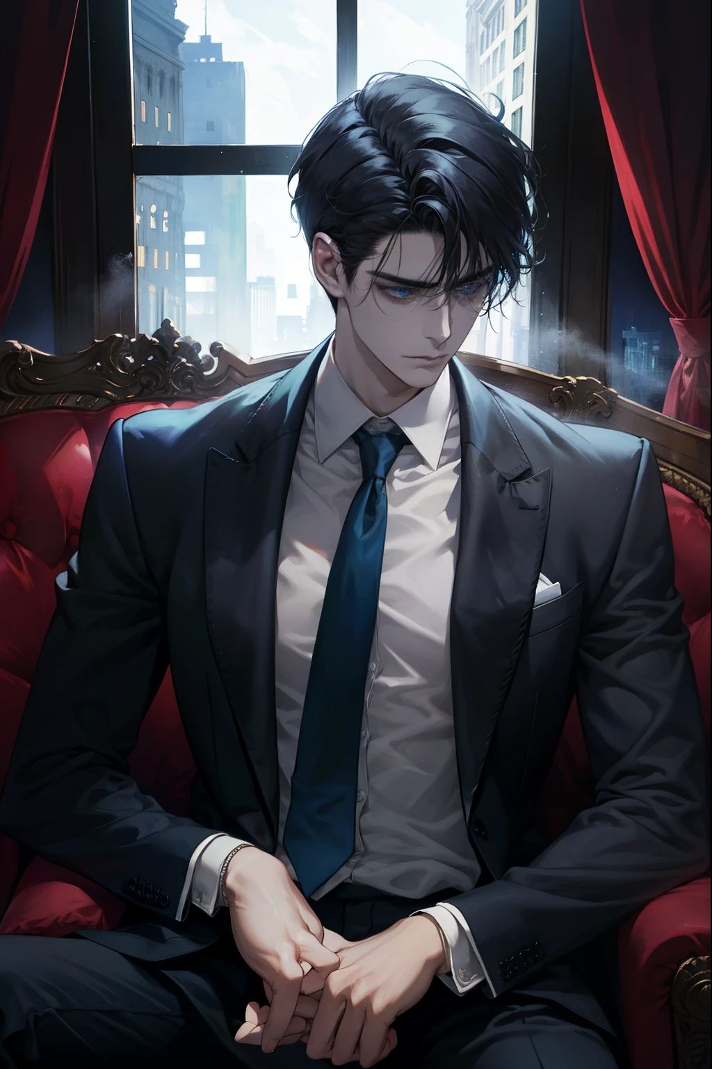 Handsome man is sitting on a plush sofa in a luxurious living room。, A dark-haired, bangss，Blue eyes, mansion, Unbuttoning shirt,suit reveals smooth abs, Thin, Perfect body, with paper in one hand, wrist watch, Moonlight outside the window, Dark, Villain atmosphere, Cold, Serious,  Solo,hair messy, medium large shoot, Sweat, Upper body, Night