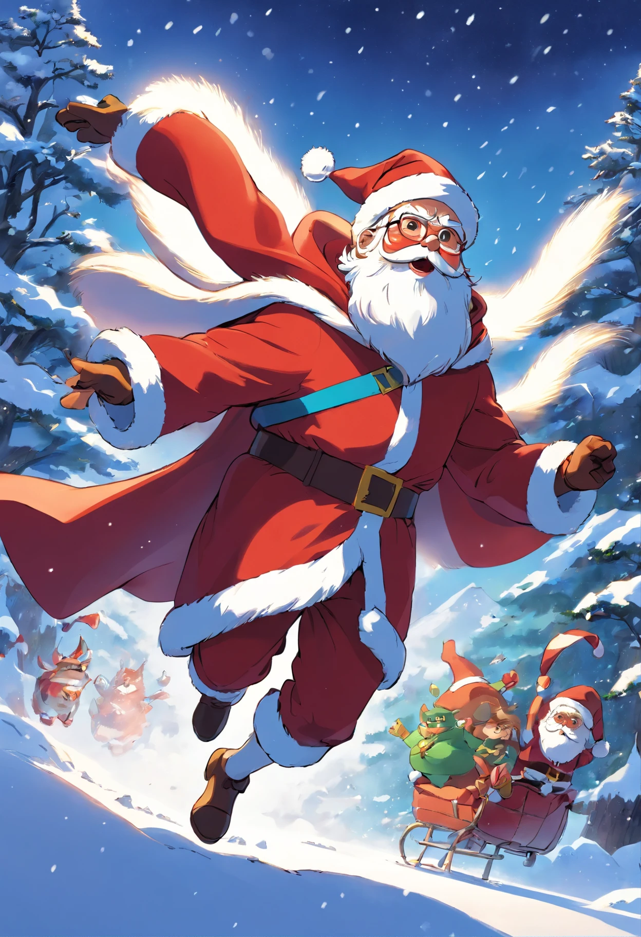 superhero santa claus, Cloak, flying in the snow, salama, super energy magic