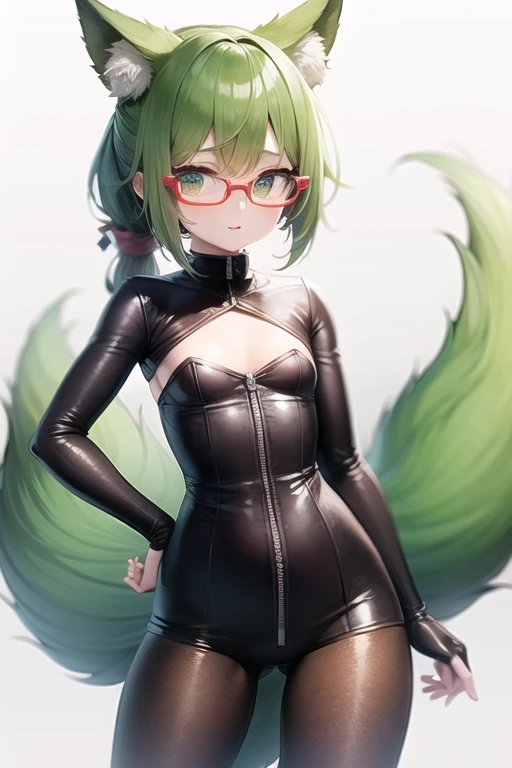 light green ponytail hair 、green deep eyes 、red frame glasses,　green fox ear fox tail、 adventurer's outfit 、slender flat bust, cute girl