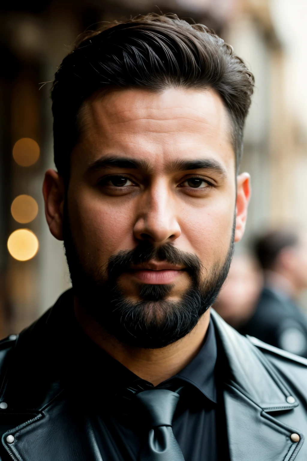 Professional whole body photo, (4K Photo:1.1) by (Jeremy Lipking:0.3), (Dittmann Anna:0.3), (Cecile:0.3), (sharp focus:1.3), high detail, European man, muscular, biker outfit, leather, motorcycle, city, short and black hair, crete on head, beard, confident, muscular man, perfect anatomy, perfect symmetry:1.2, Realistic, realistic face:1.4, perfect face, confident,a close up of a man with a beard and a tie, inspired by Sudip Roy, face with beard, generate realistic face, meme template, leaked image, profile pic, headshot profile picture, face, reddit meme, reddit post, taken in the early 2020s, 4 0 years old man, without helmet, 45 years old men
highly detailed, and dramatic, cinematic lighting, lighting scene, soft lights