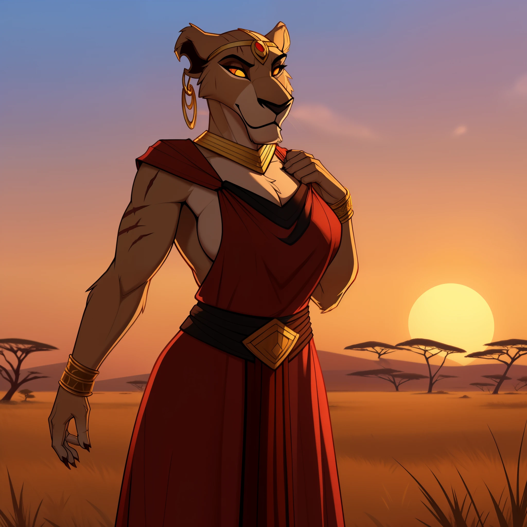 Tall_muscular_mature_lion female scars red_irises yellow_sclera hazy_sky savanna solo Masterpiece best_quality absurdres highly_detailed cleanly_drawn_eyes anthro_only by_claweddrip, by_greasymojo, by_underscore-b, by_runawaystride circlet bracers gorget neck_hoops hoop_earrings medieval_gown