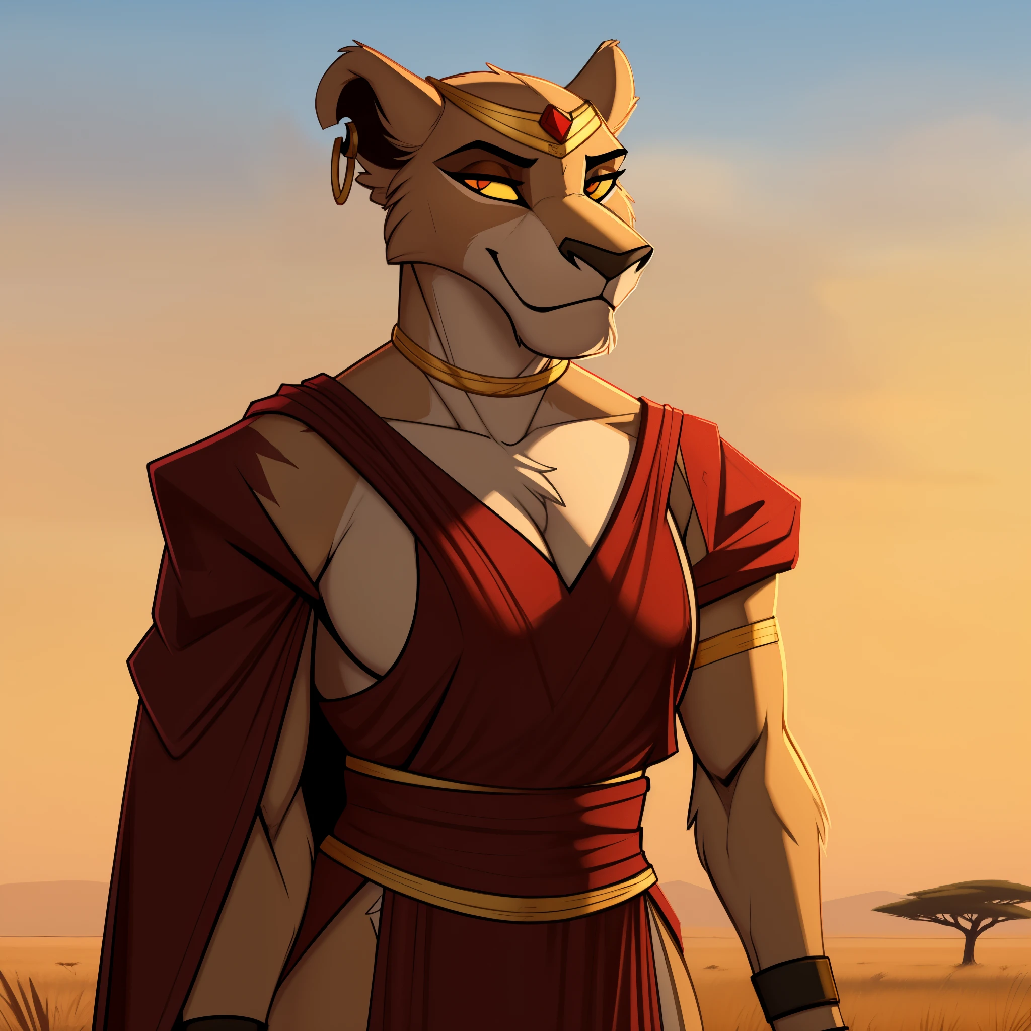 Tall_muscular_mature_lion female scars red_irises yellow_sclera hazy_sky savanna solo Masterpiece best_quality absurdres highly_detailed cleanly_drawn_eyes anthro_only by_claweddrip, by_greasymojo, by_underscore-b, by_runawaystride circlet bracers gorget neck_hoops hoop_earrings medieval_gown