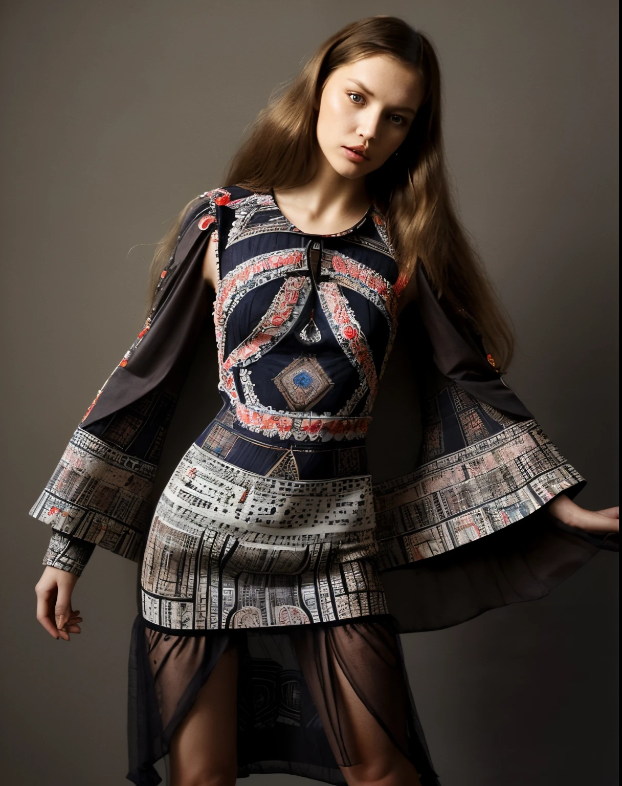 high fashion, hyperrealistic, dress,material with a traditional pattern for the 70s or with drawings in the spirit of the works of artists of that time: at the same time, clothing models can both refer to the 70s and be quite modern