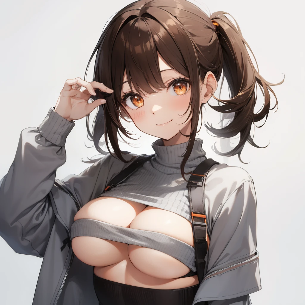 【Highest Quality, masutepiece】 [girl, expressioness,deep orange eyes, front facing,dark brown hair,long ponytail hair,yellow knit cloth, Happy, Upper body] (Gray white background:1.2),very happy smile,boobs,