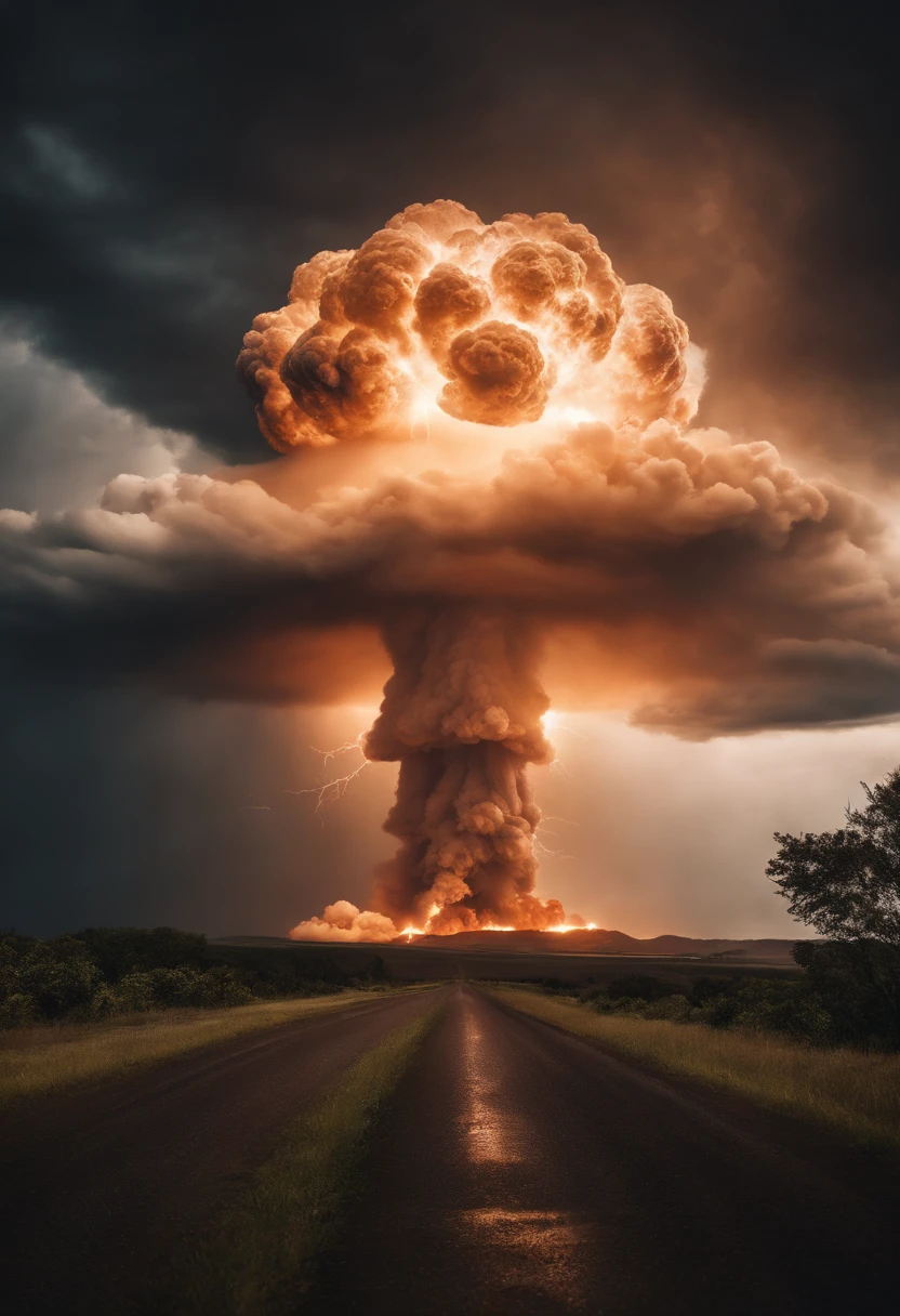 A huge nuclear bomb explodes and destroys the entire United States.、Burst wind、glint、very huge mushroom cloud、lightning bolt、lightning、destruction、perish、