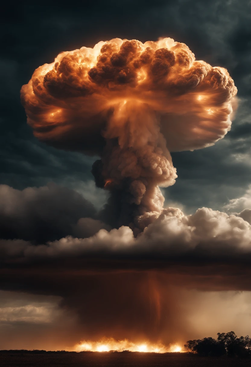 A huge nuclear bomb explodes and destroys the entire United States.、Burst wind、glint、very huge mushroom cloud、lightning bolt、lightning、destruction、perish、