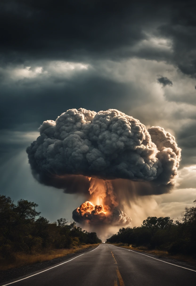 A huge nuclear bomb explodes and destroys the entire United States.、Burst wind、glint、very huge mushroom cloud、lightning bolt、lightning、destruction、perish、