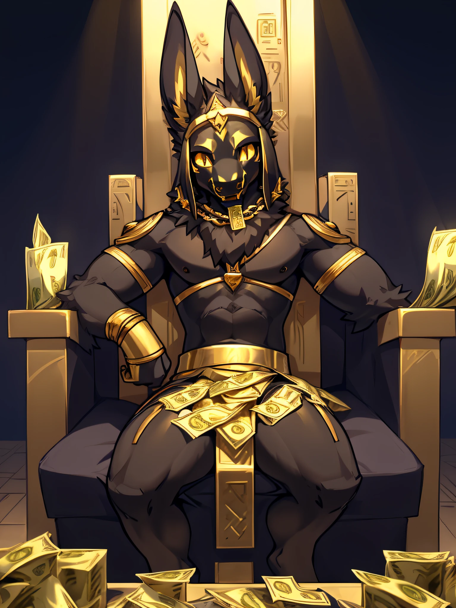 anubis , bara,masculine,dark golden eyes,Sit on the throne.,On the side were piles of silver and gold..,smile at the corner of your mouth.,Tilt your neck slightly..