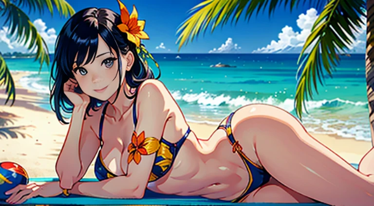 ​masterpiece、top-quality、超A high resolution、 [ 4 k digital art ]!!、 8k high quality detailed art、Wallpaper、 Detailed Digital Anime Art、Realisticity、Cinema Angle、hposing Gravure Idol、((Woman lying on the beach)))、((One Beautiful Girl))、cute  face、 ((Detailed depiction of a beautiful face))、kindly smile、年轻、Bikini swimwear、Photorealistic perfect body、(Bold ethnic patterns wrapped around the waist and skirt and plenty of primary colors)、light Particle、llight rays、Tropical、Against the background of palm trees、beach side、on a sunny beach、Against the background of the sea、blur backgroun、