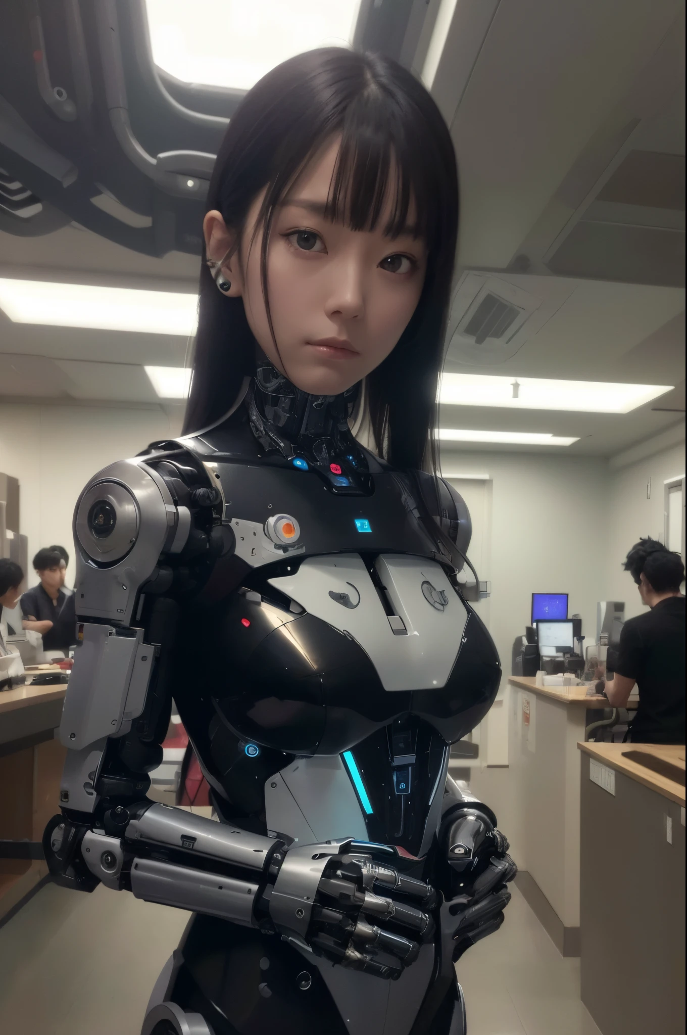 (photorealistic:1.4), (RAW photo),masterpiece, best quality, extremely detailed, (photorealistic:1.4), (RAW photo) (RAW photo) (8K, 4K, Best Quality, hight resolution, 超A high resolution:1.1), (masutepiece, Realistic, Photorealsitic:1.1), 1girl in, Japaese Cyborg girl,Plump , control panels,android,Droid,Mechanical Hand, Robot arms and legs, Black Robot Parts,Black hair,Mechanical body,Blunt bangs,White robotics parts,perfect robot girl,future information counter,reception,long tube,thick cable connected her neck,ceramic body ,mechanical body, ear antenna,mechanical ear cover, loose boots,mechanical costume,android,robot,humanoid,cyborg,information office,japanese android receptionist ,mechanical chest,full eyes,dark black tights,