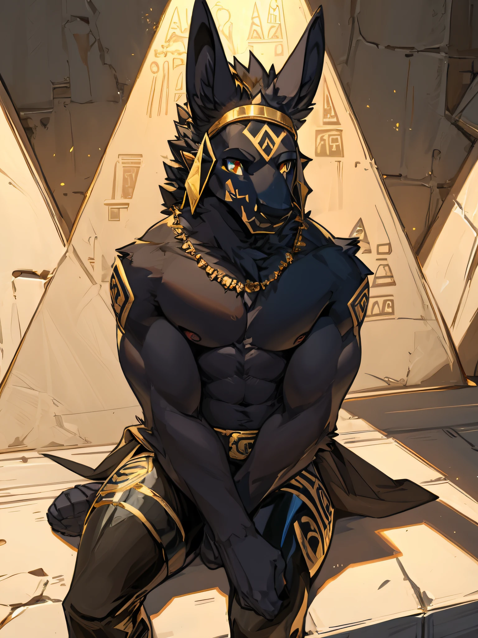 Anubis getting fucked on back with paws chained up by human. (Human male),  (Anubis feral female dog), (tail up), (limp), (big tits with nipple piercings), (eye contact),  (eye have hearts), (anubis's mouth open wide), (human's cock in anubis's canine pussy),(anubis's pussy dripping wet), (anubis mid organism), (anubis arching back), (anubis's pussy covered in cum),  (anbui's legs open), (anubis covered in neon purple tatoos), (anubis's tail wrapped around human), (pink womb tatoo), (furry ears), (anubis chained up), (upper paws wrapped around human), bed, 4k, (black fur),