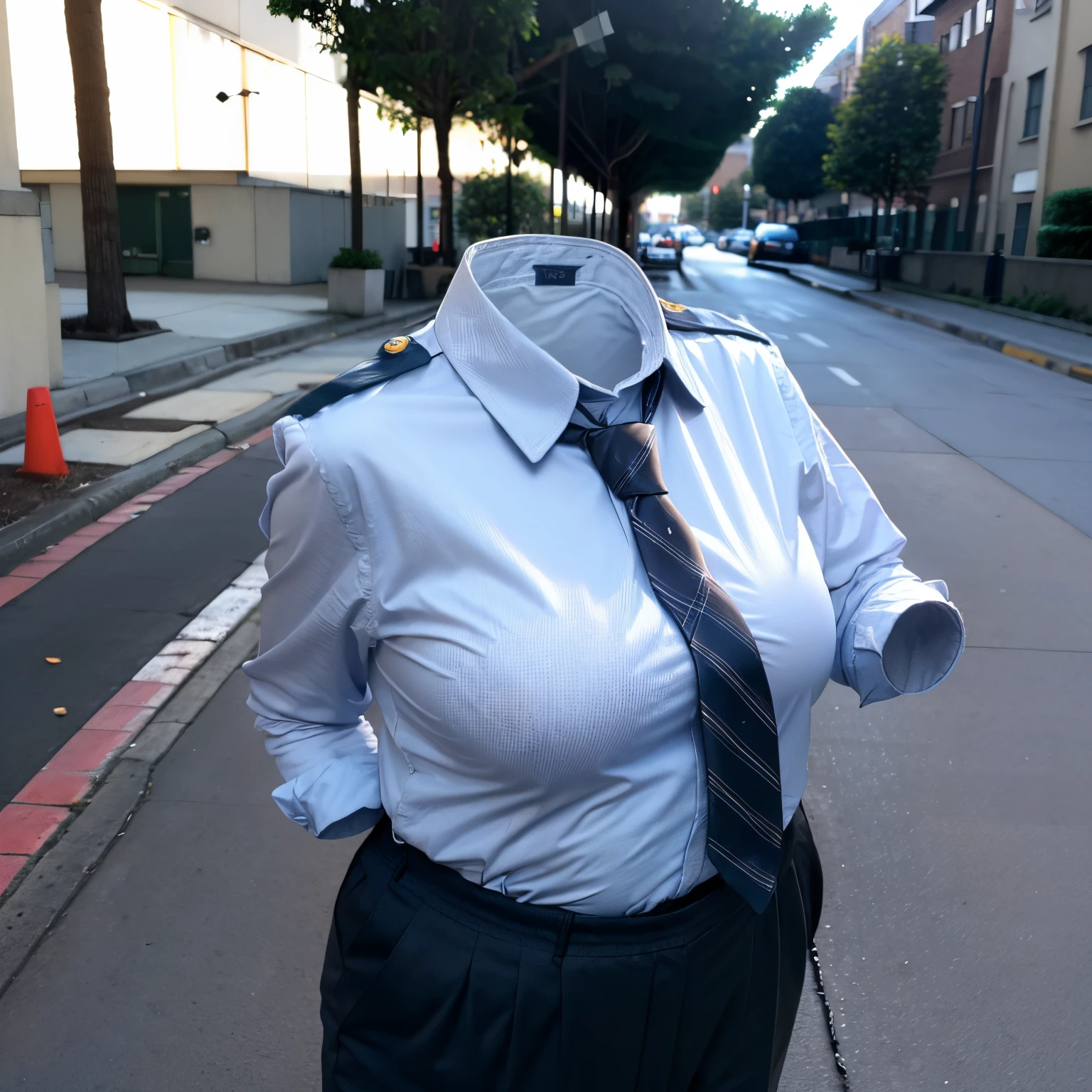 (chubby, fat), collared shirts, slacks, white shirts, blue stripe tie, school, dark grey slacks, school tie, (Running:1.4) (invisible, no humans, headless, faceless:1.5), (cute big breasts), (close-up shot of breasts), photon mapping, radiosity physically-based rendering
