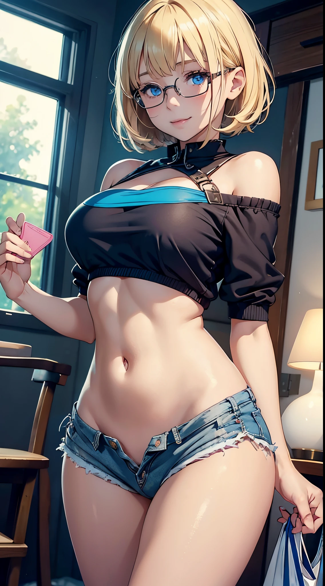 1girl, holding plush, bangs, loli body,  girl, detailed eyes, blonde hair, short hair, blue eyes, cleavage, sensual mouth, big breasts, ass facing viewer, back on screen, smile, tight, micro shorts 1.6, Ultra HD, 4k image, glasses, character close to the screen