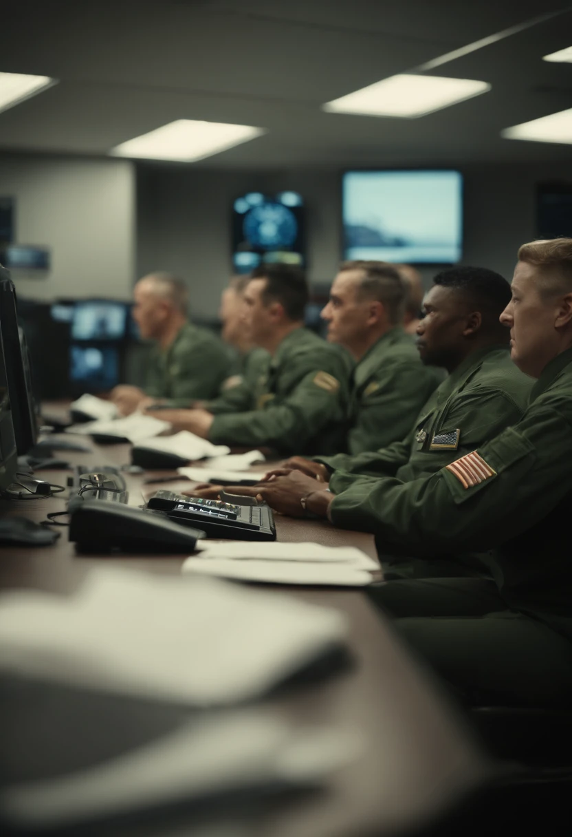 US Air Force Base Operations Center receives emergency call、Air Force officers run around with nervous looks on their faces.、Those who pray to God、person who starts crying、uproar、digital clock countdown、