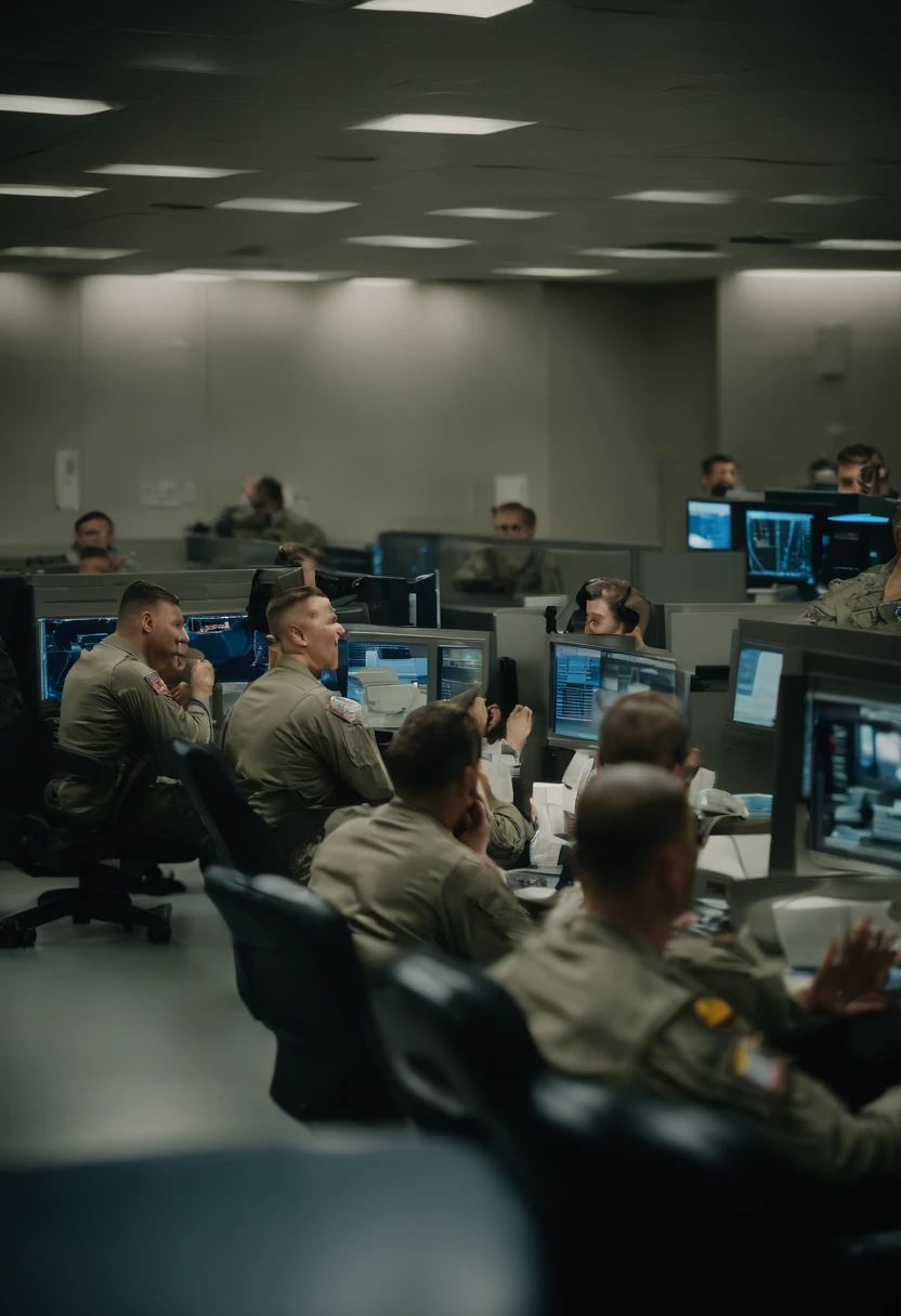 US Air Force Base Operations Center receives emergency call、Air Force officers run around with nervous looks on their faces.、Those who pray to God、person who starts crying、uproar、digital clock countdown、