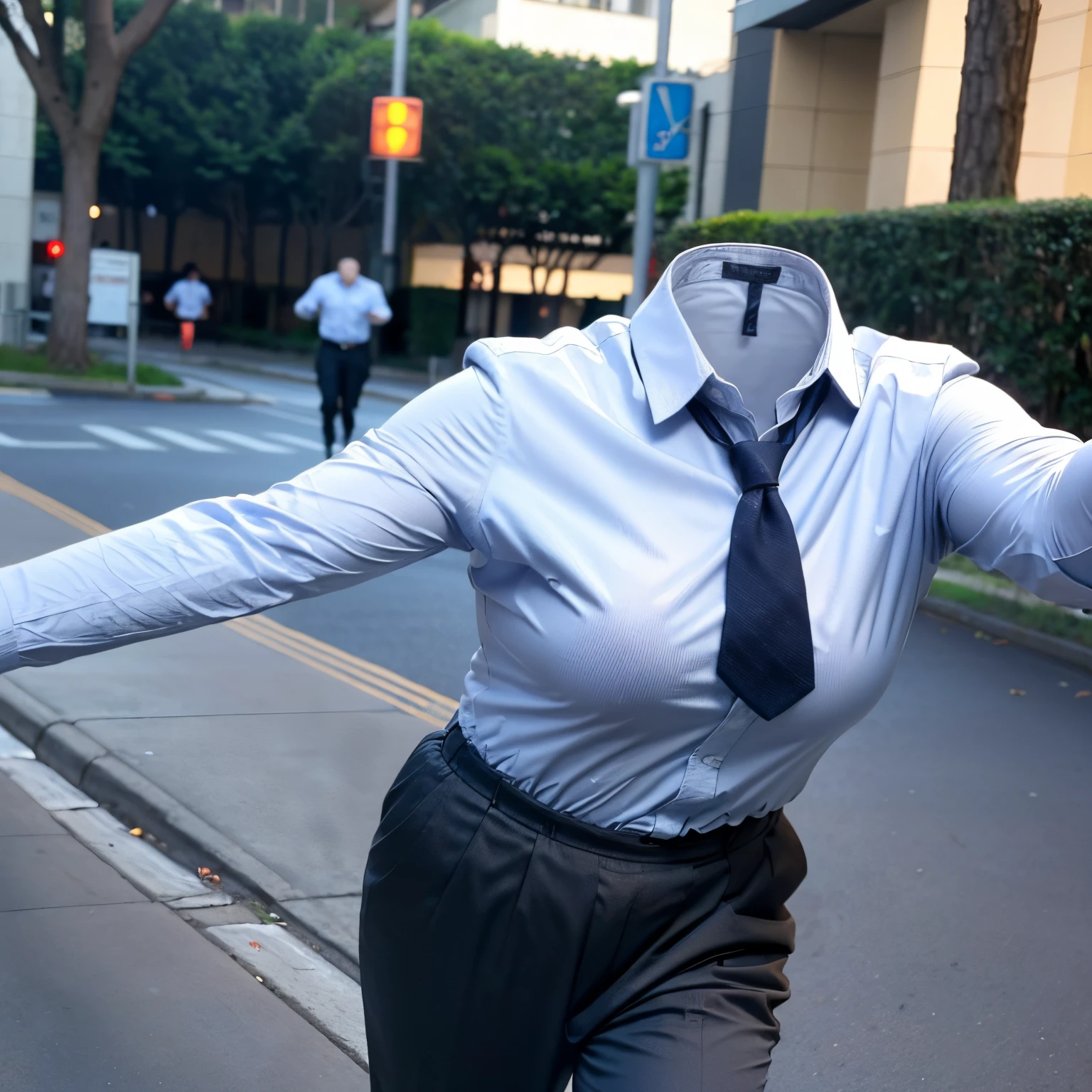 (chubby, fat), collared shirts, slacks, white shirts, blue stripe tie, school, dark grey slacks, school tie, (Running:1.4) (invisible, no humans, headless, faceless:1.5), (cute big breasts), (close-up shot of breasts), photon mapping, radiosity physically-based rendering