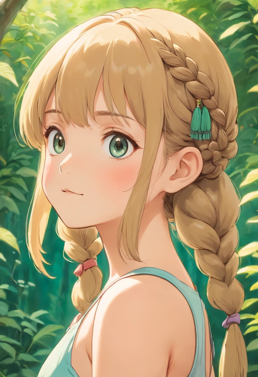 childhood playmate,exquisite facial features,A delicate face with a short braid on the back and bangs on the front.