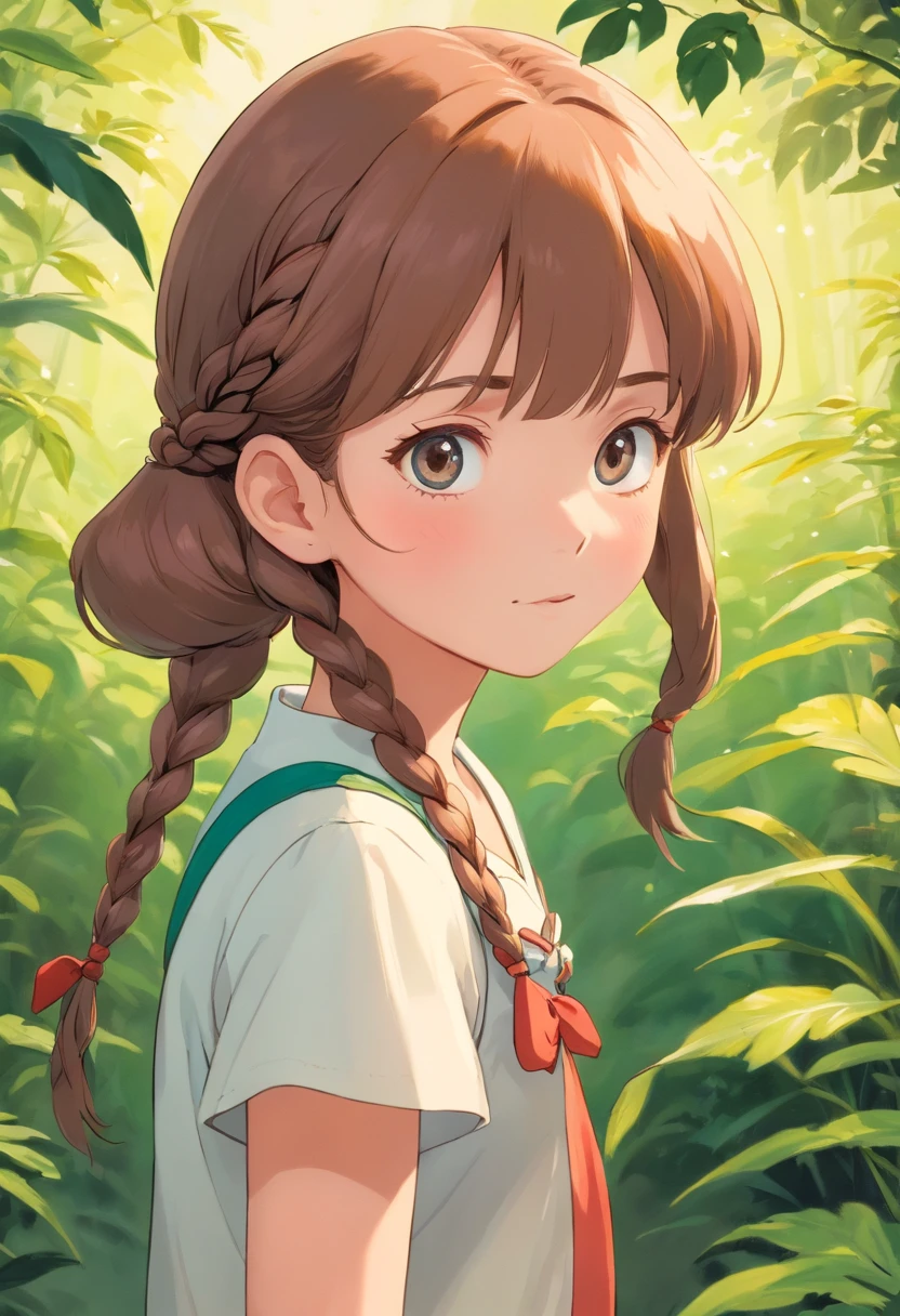 childhood playmate，exquisite facial features，A delicate face with a short braid on the back and bangs on the front.