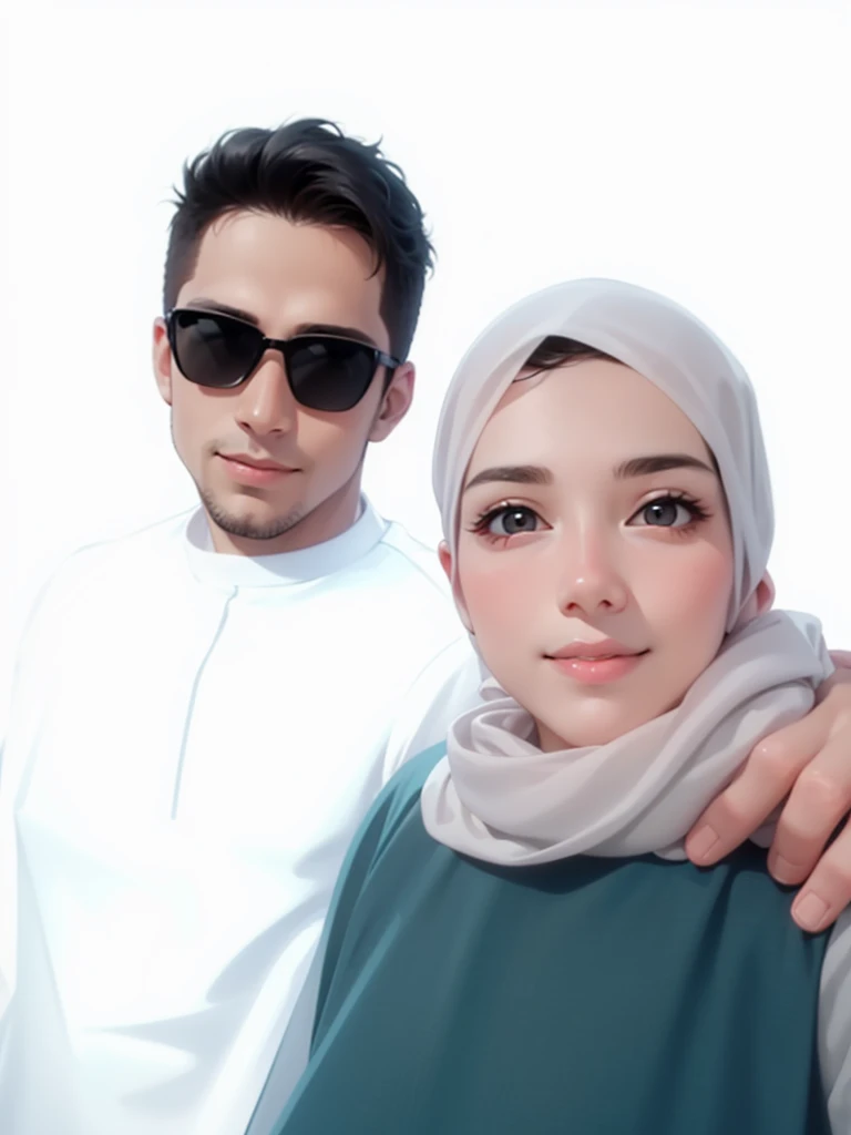 Attractive profile picture, masterpiece, ultra-precise rendering, beautiful and cool young man, trustworthy, dependable young man, savior of the world, simple design, most beautiful image, 4K, black hair, (muslin girl, white dress, smiling)