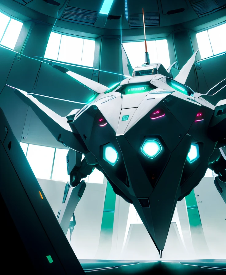 a robot in the shape of a regular octahedron, in a big circular room, circuitry, control panels, advanced technology, circular chamber, menacing ai, security protocol, open room, windowless, round arena-like chamber, 8 long robotic limbs extending out from the bottom of the robot, looks like ramiel from evangelion, green and white, maneuvering around the room, at a Dutch angle, dozens of robotic eyes,