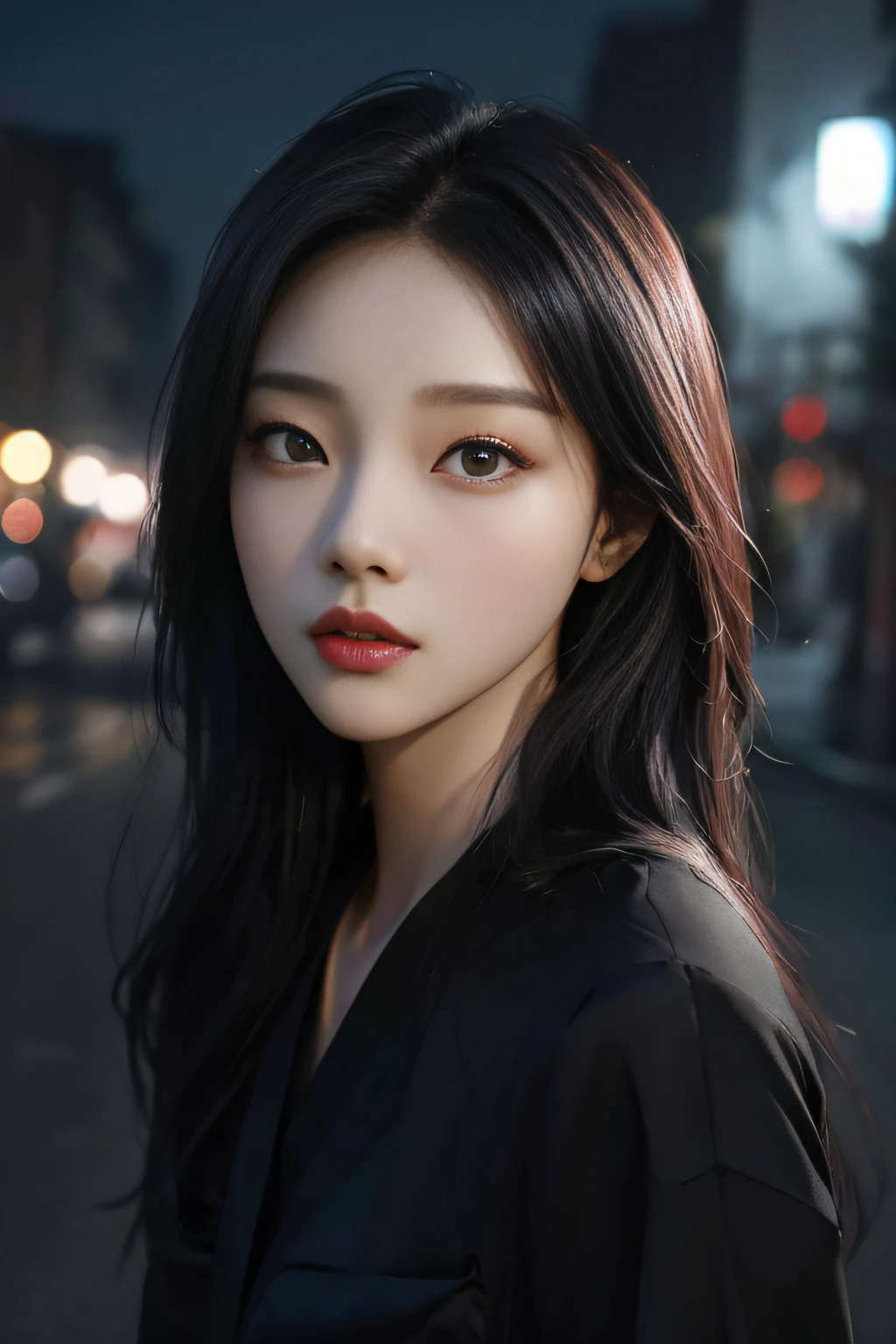 Arafad woman with long hair and black shirt standing on the street, beautiful Korean women, inspired by Yanjun Cheng, Korean girls, yanjun chengt, actual. cheng yi, author:Zhang Han, beautiful young korean woman, Soft portrait shooting 8K, by Yanjun Cheng, beautiful aesthetic face, author:Against the sky, gorgeous young korean woman