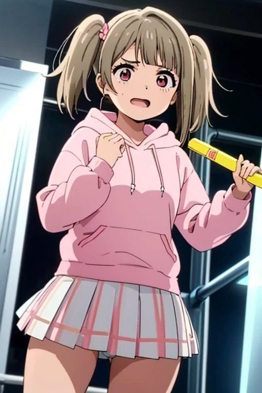 18year old, girl with, Pink hoodie,Pink mini skirt,pleatedskirt, White underwear, Hairstyle is Twintails, full bodyesbian,portlate,Cheering with a penlight,The background is the live venue