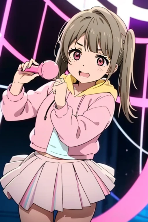 18year old, girl with, pink hoodie,White miniskirt,pleatedskirt, White underwear,Large breasts,Slightly larger buttocks,thick thighs, Narrow waist, Hairstyle is Twintails, full body Esbian,Cheer with a penlight,The background is the live venue,Looks fun,A vibrator is inserted,are visible