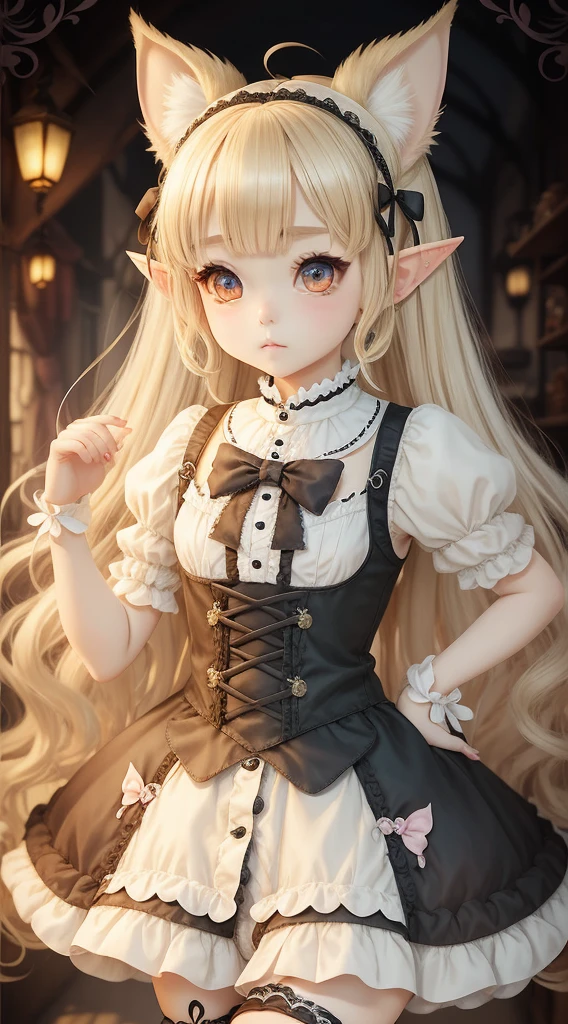 独奏　Idade８Old and small breasted lolita　Kawaii Girl　big eye　pointed elven ears　Long Blonde Hair　１0０centimeter short stature　Gothic Lolita Clothing　Frontal painting