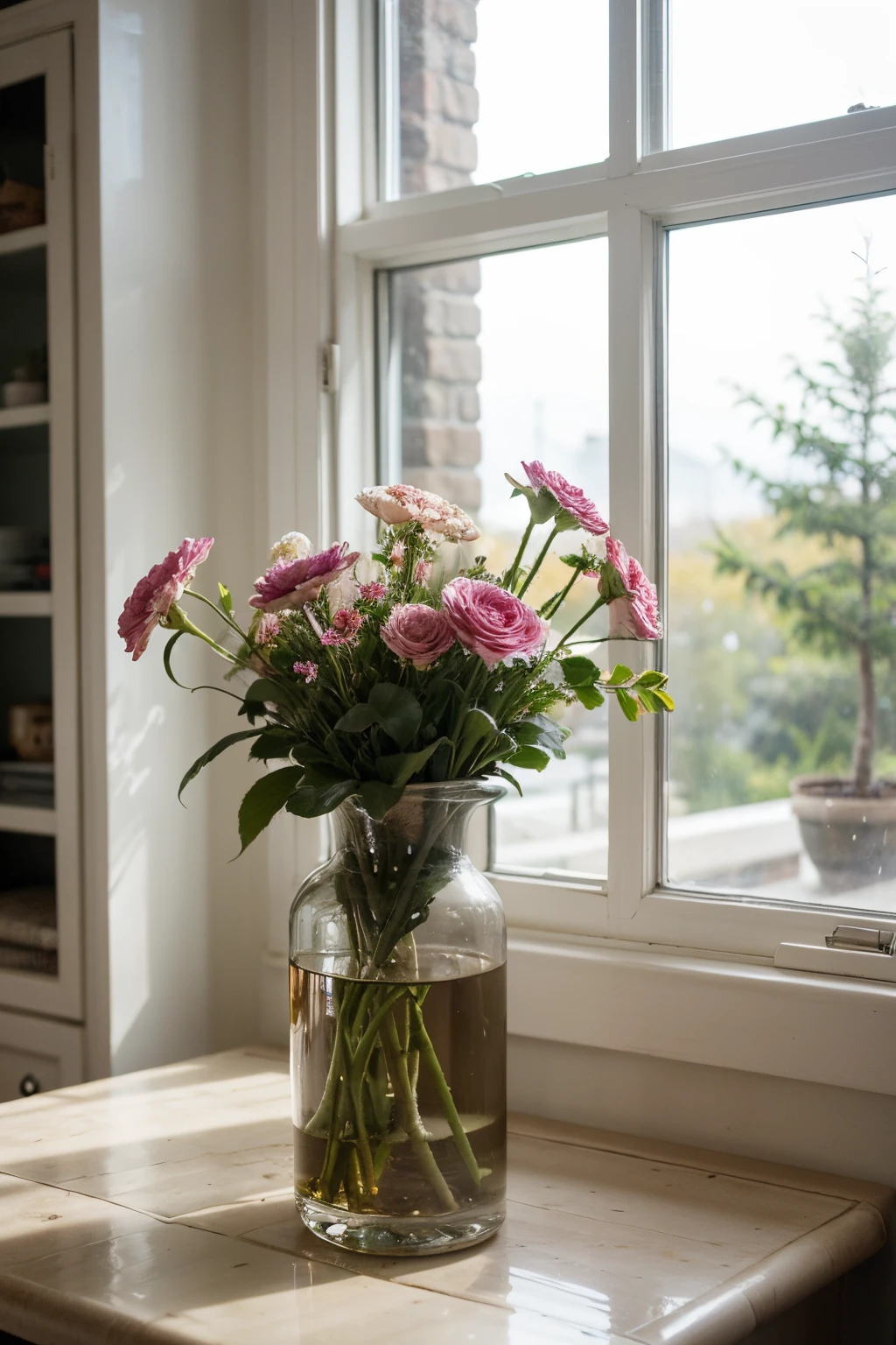 Prompt: “Highlight the beauty of nature indoors by featuring a potted plant or a vase of flowers on the windowsill. Emphasize the simplicity and elegance they bring to the scene.”