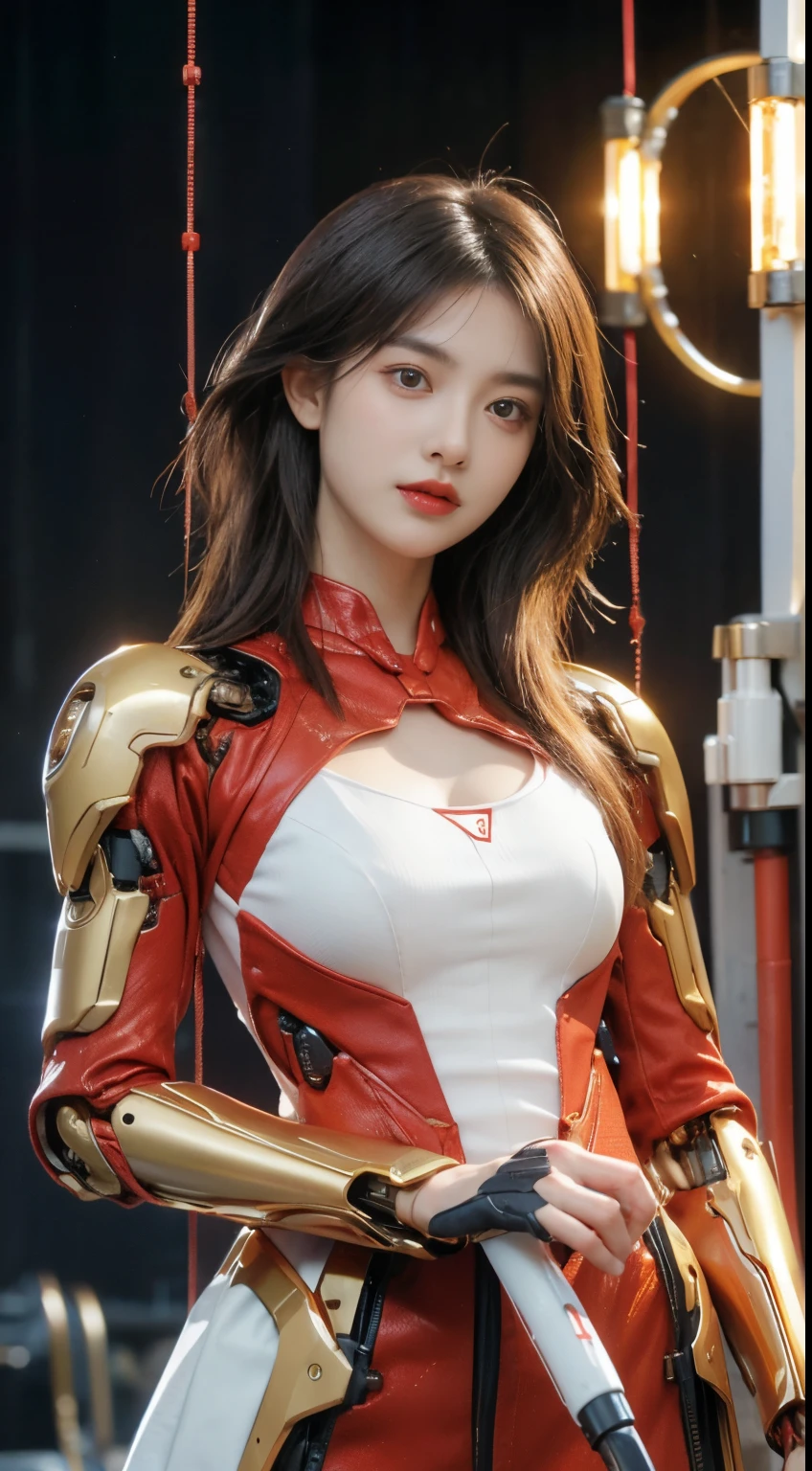 (1 Mechanical Girl)、top-quality、masterpiece、超A high resolution、(Photorealsitic:1.4)、Raw photo、1人、Golden hair、glowy skin、(((1 Mechanical Girl)))、(LED Lamp Mechanical Helmet)、(Small LED)、((super realistic details))、portlate、globalillumination、Shadow、octan render、8K、ultrasharp、Colossal tits、Raw skin is exposed in cleavage、metals、Details of complex ornaments、Japan details、highly intricate detail、Realistic light、CGSoation Trends、Red Eyes、radiant eyes、Facing the camera、neon details、(Mechanical limbs)、(blood vessels connected to tubes)、Mechanical vertebrae attached to the back、mechanical cervical attaching to neck、(Wires and cables connecting to the head)、Gundam、Small LED、,Mechanical thighs、Toostock、