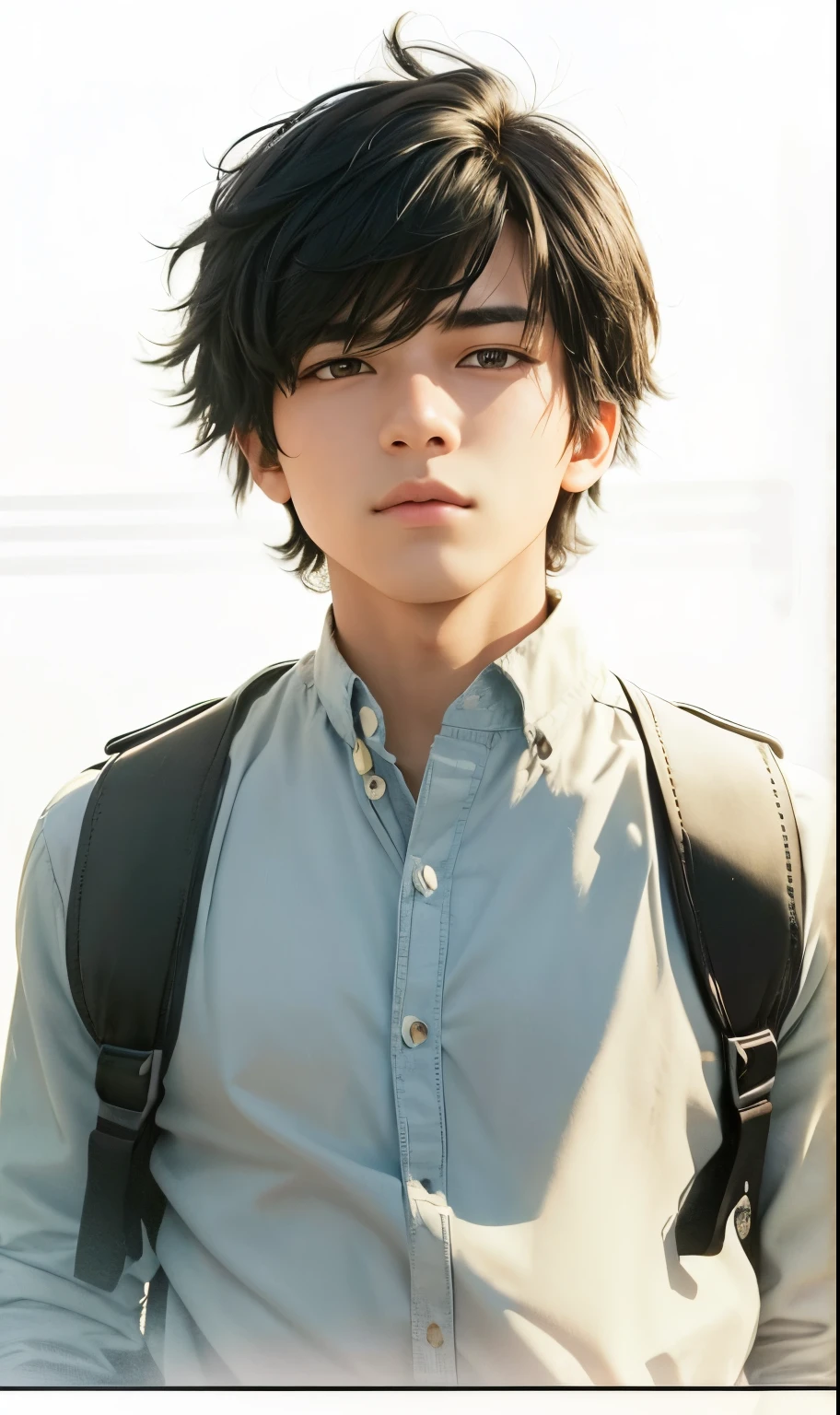 A realistic black-haired teenage boy, (same realistic hairstyle), realistic handsome face, realistic cool expression, adapt the same realistic clothes,realistic black bag, realistic light, realistic shadows, realistic background, good image quality, very good image results, 4k, ultra detailed, realistic