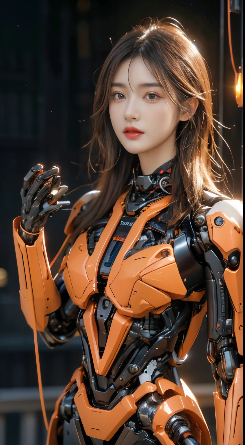 (1 Mechanical Girl)、top-quality、masterpiece、超A high resolution、(Photorealsitic:1.4)、Raw photo、1人、Golden hair、glowy skin、(((1 Mechanical Girl)))、(LED Lamp Mechanical Helmet)、(Small LED)、((super realistic details))、portlate、globalillumination、Shadow、octan render、8K、ultrasharp、Colossal tits、Raw skin is exposed in cleavage、metals、Details of complex ornaments、Japan details、highly intricate detail、Realistic light、CGSoation Trends、Red Eyes、radiant eyes、Facing the camera、neon details、(Mechanical limbs)、(blood vessels connected to tubes)、Mechanical vertebrae attached to the back、mechanical cervical attaching to neck、(Wires and cables connecting to the head)、Gundam、Small LED、,Mechanical thighs、Toostock、