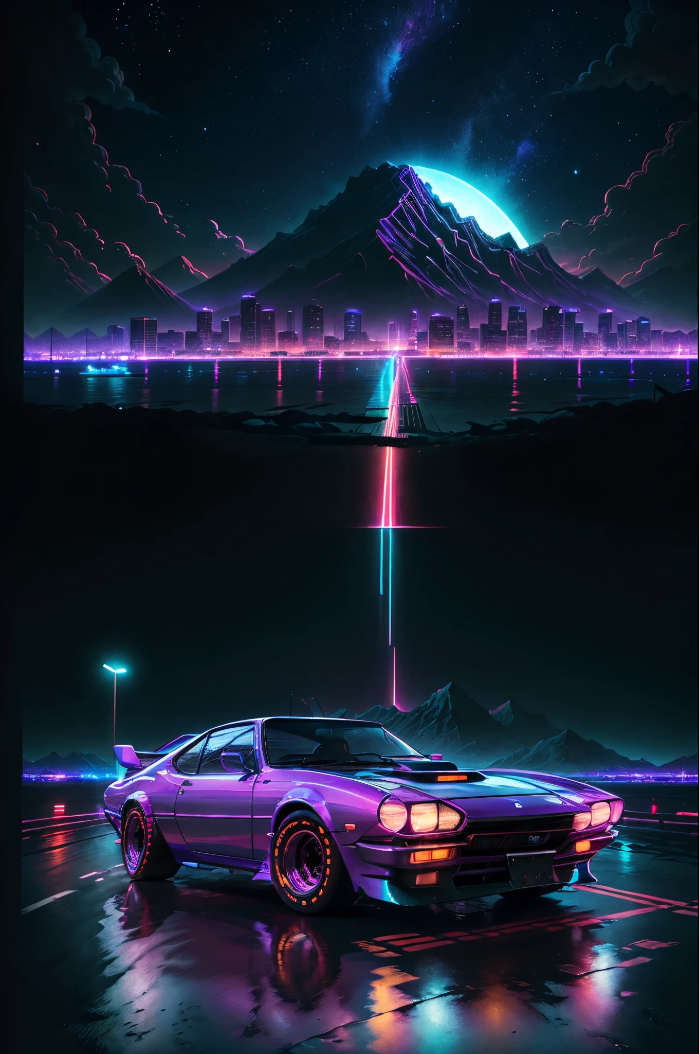 retrowave. city, 1969 Nissan S30, wide body kit, road,  purple neon lights, sun, mountain, 
(masterpiece,detailed,highres),